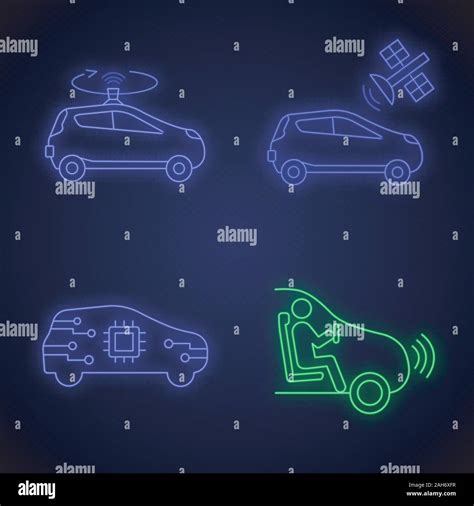 Autonomous Car Neon Light Icons Set Self Driving Automobiles Lidar