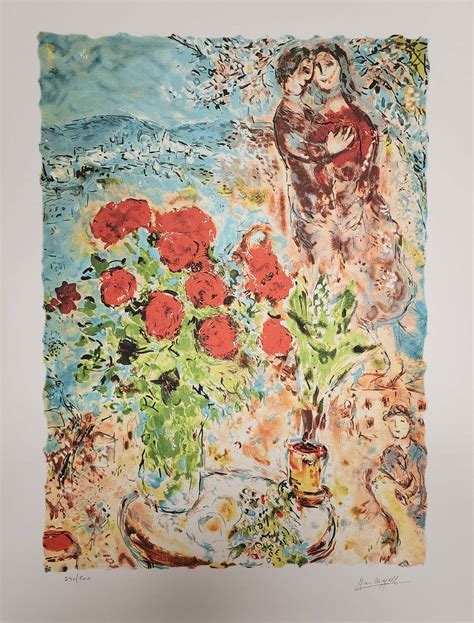 Marc Chagall Red Bouquet With Lovers Facsimile Auction