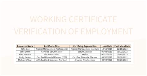 Working Certificate Verification Of Employment Excel Template And