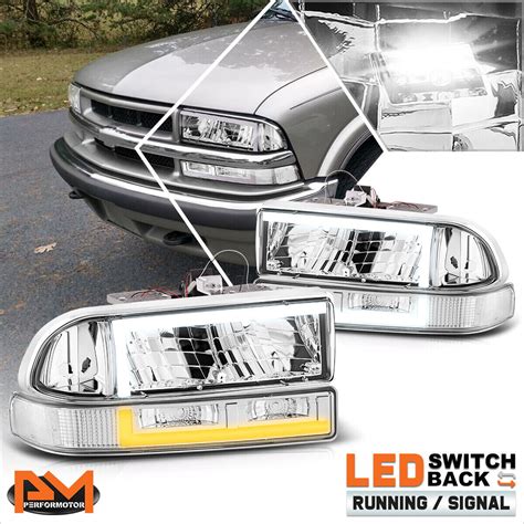 For 98 04 Chevy Blazer S10 L Shape LED DRL Switchback Headlights Chrome