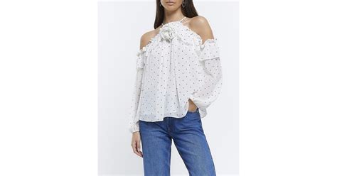 River Island White Chiffon Spot Corsage Detail Blouse Lyst