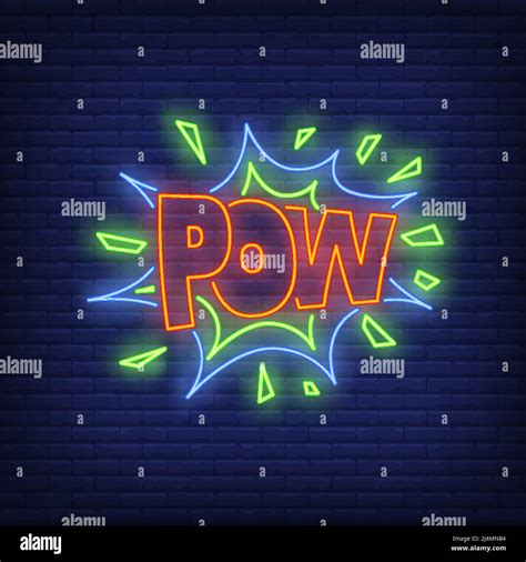 Pow Lettering Neon Sign Word In Speech Bubble On Brick Wall Background