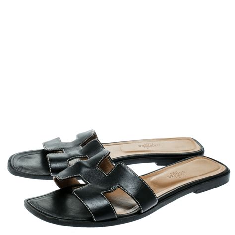 Hermes Black Leather Oran Flat Sandals Size 395 Hermes Tlc