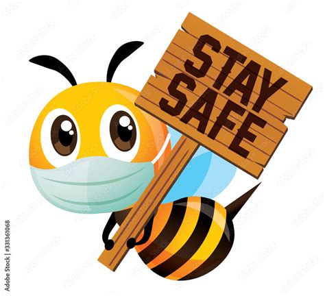 Vecteur Stock Cartoon Cute Bee Wearing Protective Mask And Holding A