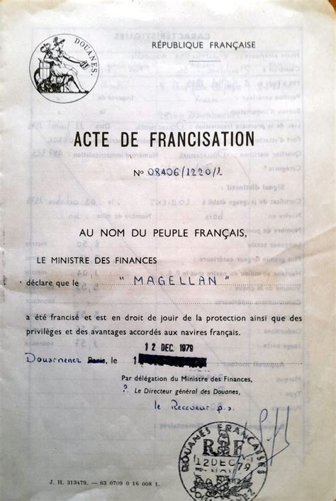 Acte De Francisation MAGELLAN DZ487329 Bagou Coz DZ