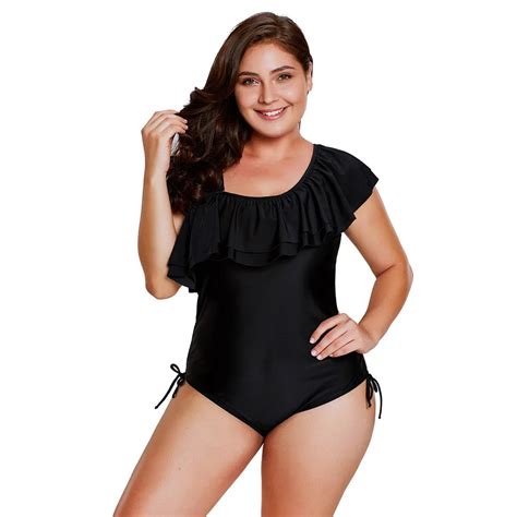 One Shoulder Plus Size Swimwear Asymmetrical Sexy One Piece Swimsuit Plus Size Black Swimming