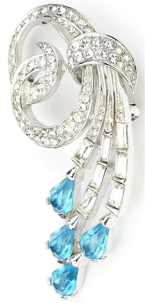 Boucher Pave And Baguettes Bow Swirl With Teardrop Aquamarines Pin