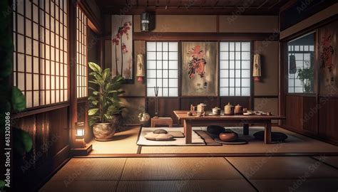 Traditional Japanese Tea Room Interior With Tatami Mats And Sun Light