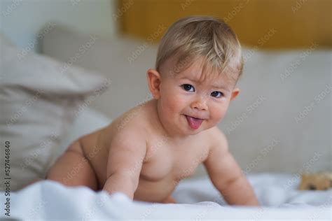 Super Sweet Naked Almost One Year Old Happy Blond Baby Boy Lying At