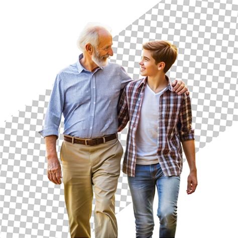 Boy And Grandfather Are Walking In The Park Old Man Playing With