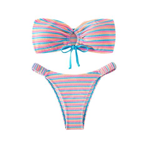 WREESH Womens Bandeau Bikini Sets High Cut Bikini Colorful Striped