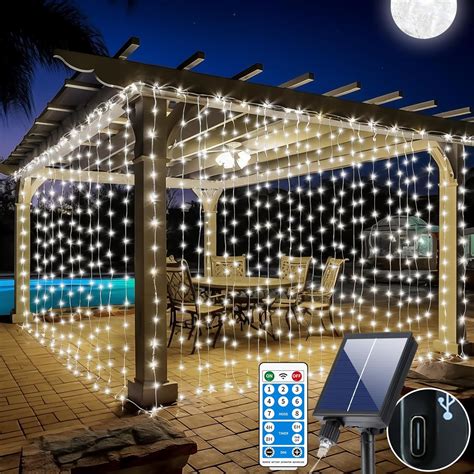 600led Solar Curtain Lights Waterproof 20 10ft Upgraded Twinkle