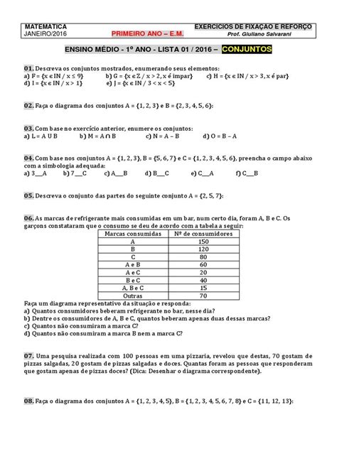 Conjuntos Numéricos Exercícios Fixação Reforço Lista Ensino Médio Enem
