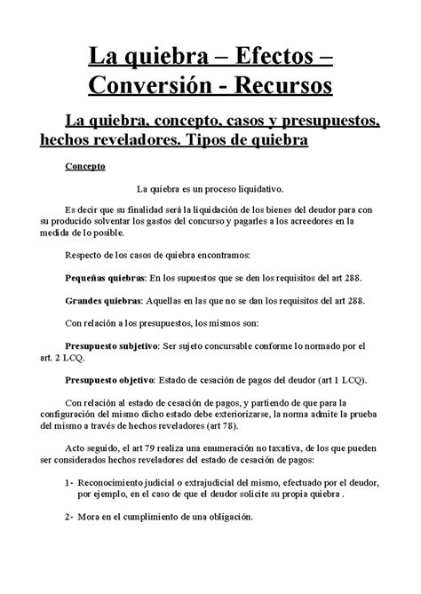 La quiebra - Efectos - Conversión - Recursos - La quiebra – Efectos