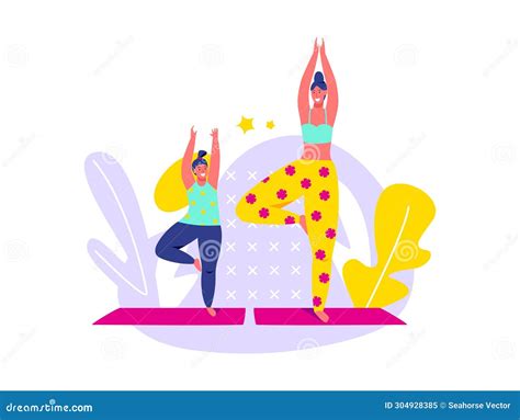 Two Women Practicing Yoga One In Tree Pose Wear Colorful Clothing Happiness Fitness Yoga