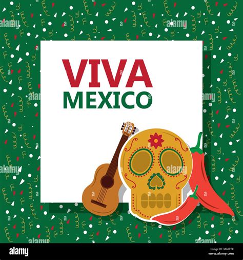 Viva Mexico Skull Gitar Chili Pepper Confetti Green Background Vector