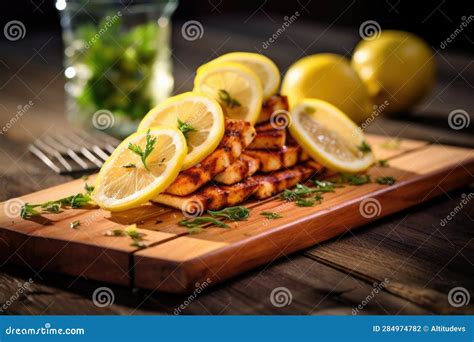 Grilled Halloumi On Cedar Plank With Lemon Wedges Stock Illustration