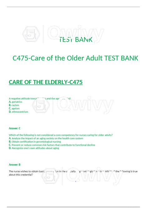 C475 Care Of The Older Adult Test Bank Test Bank Care Of The Elderly