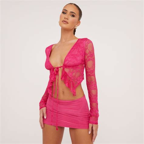 Long Sleeve Tie Front Frill Detail Crop Top In Hot Pink Lace Ego