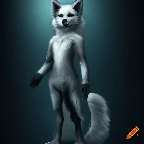 Anthropomorphic Male White Wolf With Fennec Fox Ears And Blue Eyes