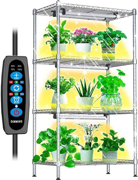 Dommia Plant Shelf With Grow Lights 4 Tier Metal Plant Stand With 80w Dimmable