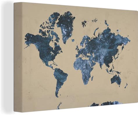 Canvas Wereldkaart 60x40 Wanddecoratie Wereldkaart Blauw