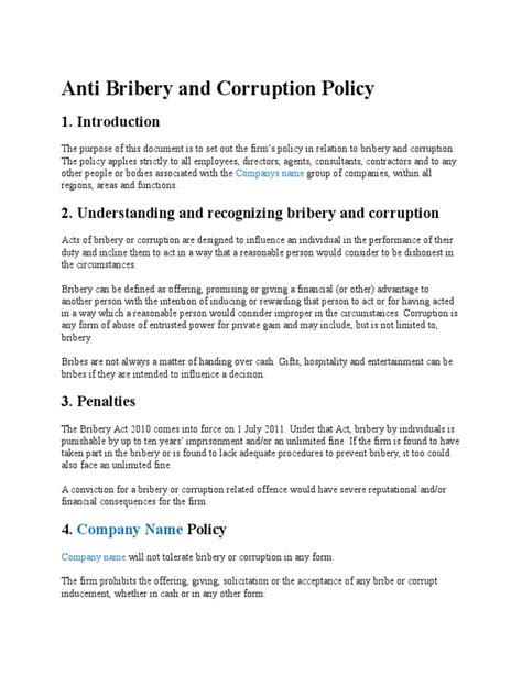 Anti Bribery And Corruption Policy Template Canada Get What You Need