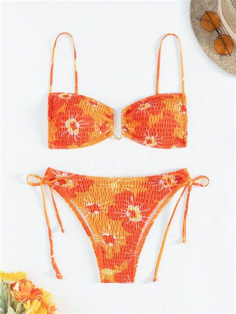 Shein Swim Vcay Women S Floral Printed Shirred Bikini Set String