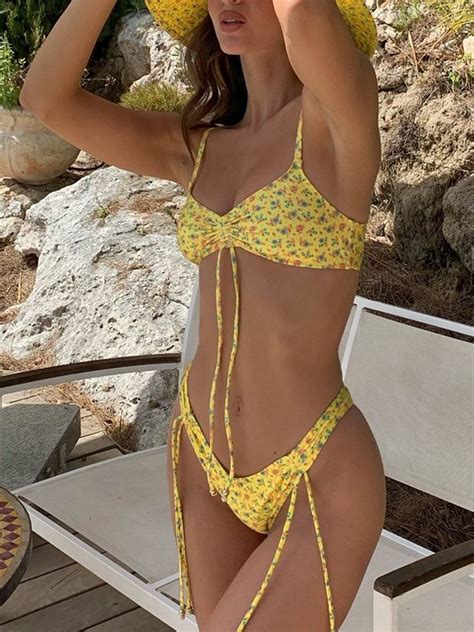 Emmiol Free Shipping 2023 Floral Print Tie String Bikini Set Yellow S