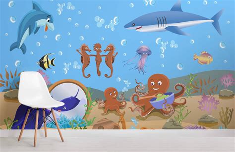 an underwater scene with sharks, octopuses and other marine creatures ...