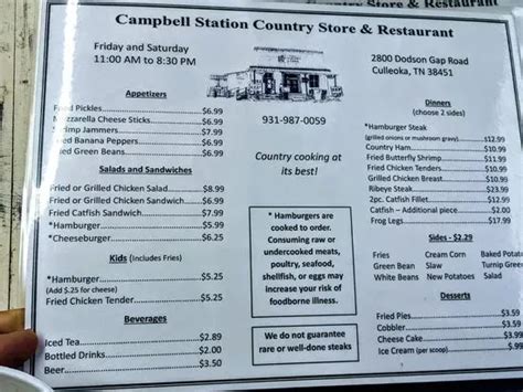 Campbell Station Country Store Restaurant Menu Culleoka Tn Checkle