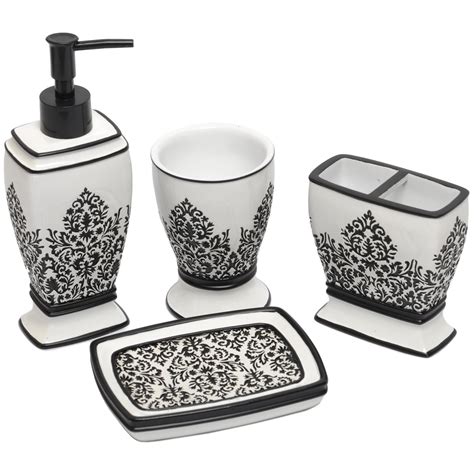 Black White Damask Bath Accessory 4 Piece Set Overstock Shopping