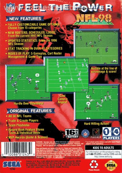 NFL 98 Sega Genesis Artwork Box Back