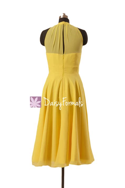 Halterneck Bridesmaid Dress Tea Length Maize Yellow Chiffon Party Dres