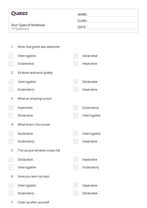 Types Of Sentences Worksheets For Nd Grade On Quizizz Free
