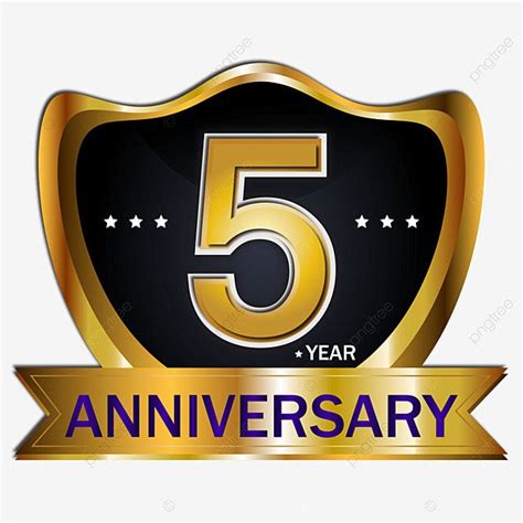 the five year anniversary logo is shown in gold and black