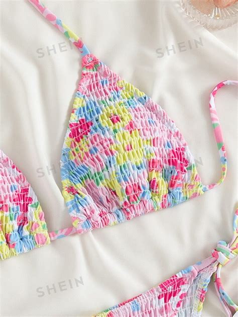 SHEIN Swim Mod Summer Beach Random Floral Print Bikini Set Smocked