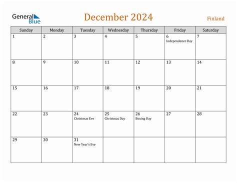 Free December 2024 Finland Calendar