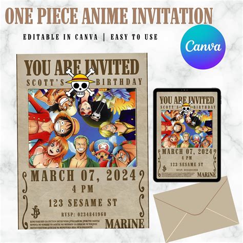 One Piece Invitation Anime Invitation One Piece Birthday Invitation