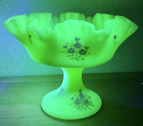 Vintage Fenton Custard Satin Uranium Glass Footed Compote Candy Dish Ruffled Edge Hand Painted