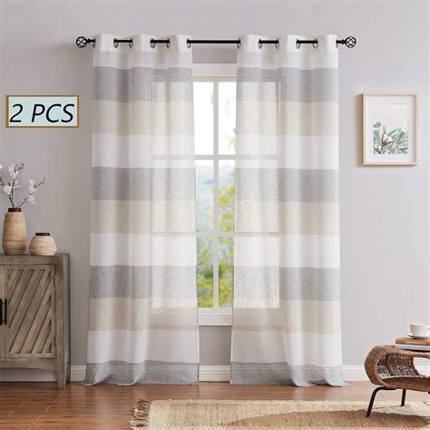 Central Park Gray Tan Stripe Sheer Color Block Window Curtain Panel