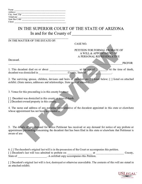 Arizona Petition For Formal Probate And Appointment Of Personal