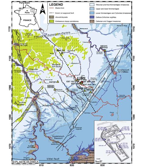 Eastern Paris Basin (France) geological map with drilling area ...