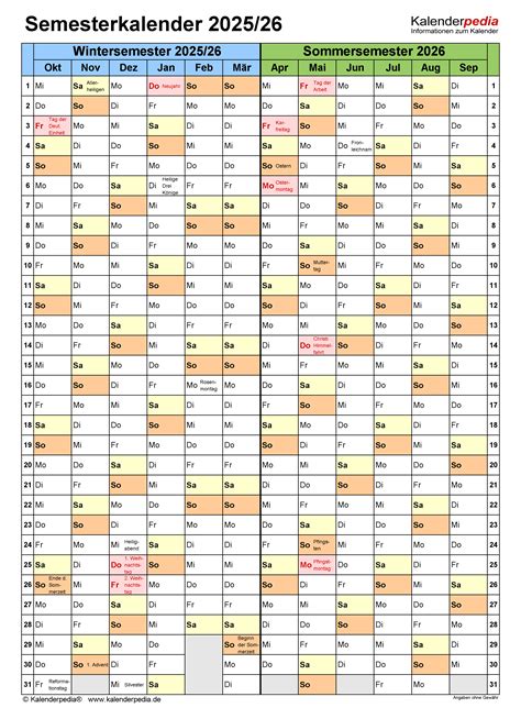 Semesterkalender F R Pdf Zum Ausdrucken