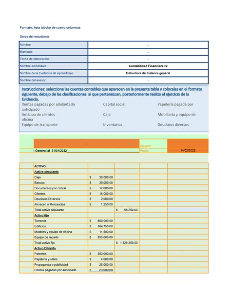 Balance General UVEG Formato hoja tabular de cuatro columnas Elaboró