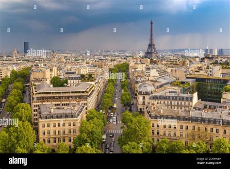 Paris City Skyline View From Arc De Triomphe With Eiffel Tower Paris