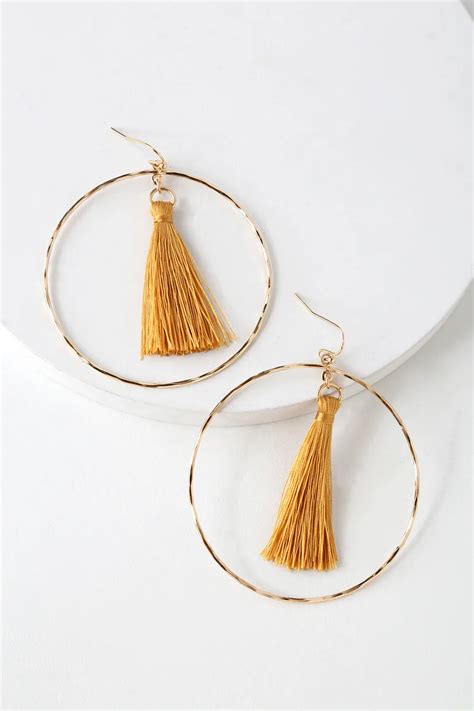 Eyes On The Prize Mustard Yellow Tassel Hoop Earrings Beaded Earrings