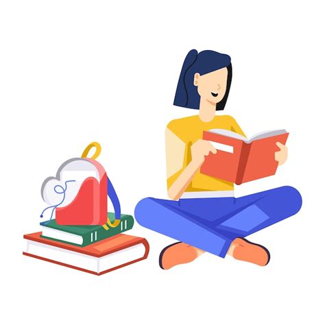 Premium Vector A Woman Sits On The Ground Reading A Book With A Pile