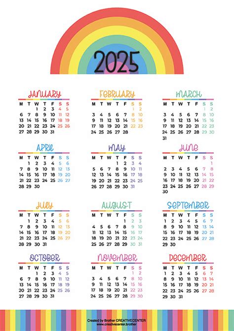 Printable Calendar For Free Rainbow Colours 2025