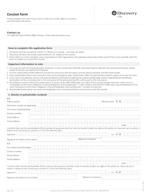 Fillable Online 107035 Cession Form 0513 Discovery Fax Email Print